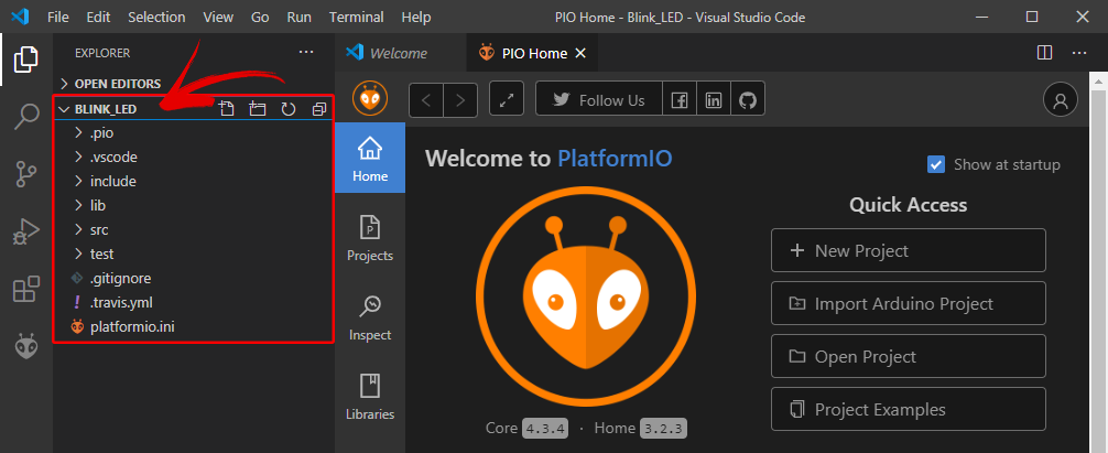 PlatfomIO project created folder structure