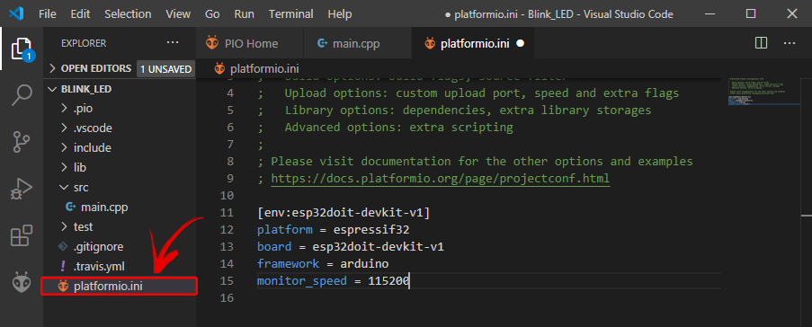 PlatformIO Config init file ESP32