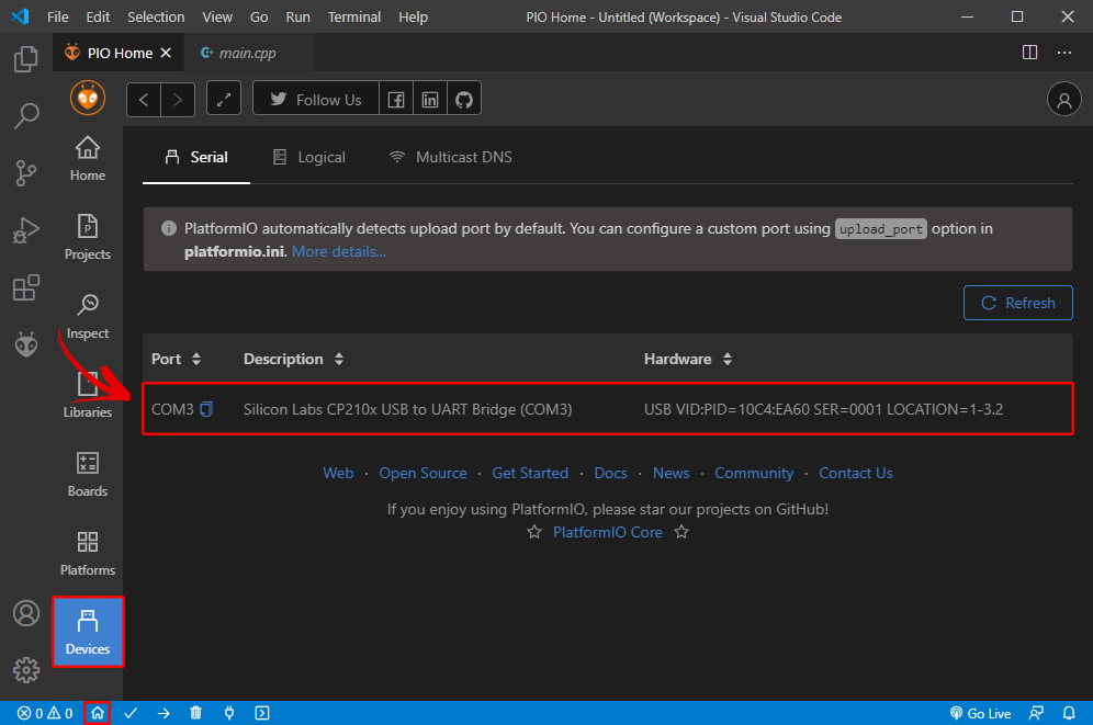 PlatformIO VS Code Devices COM port