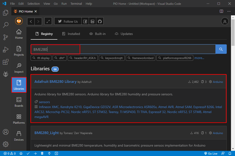 PlatformIO VS Code Search BME280 library