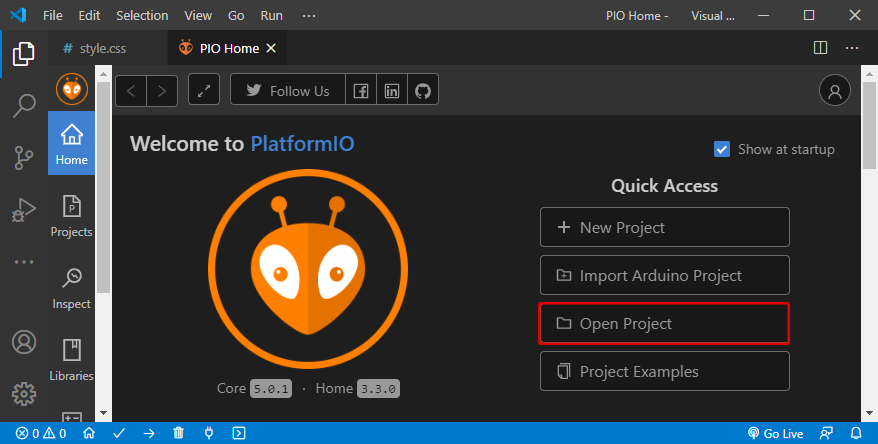 PlatformIO open project folder
