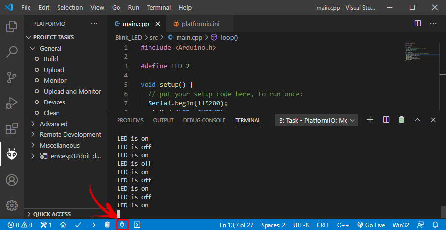 Platformio VS Code Serial Monitor ESP32