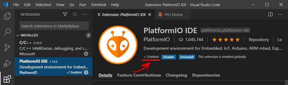Platformioextension enabled
