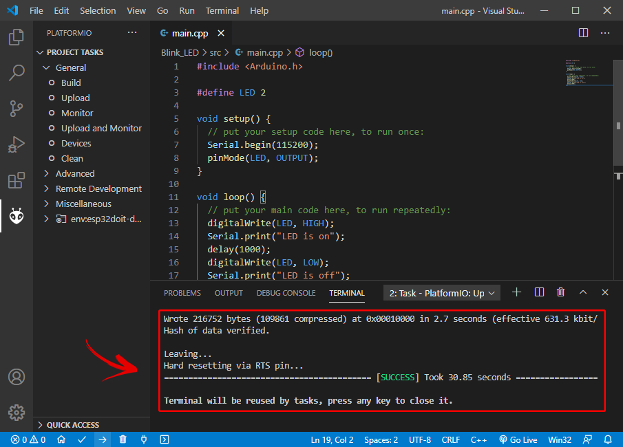 Upload Code ESP32 PlatformIO VS Code Success