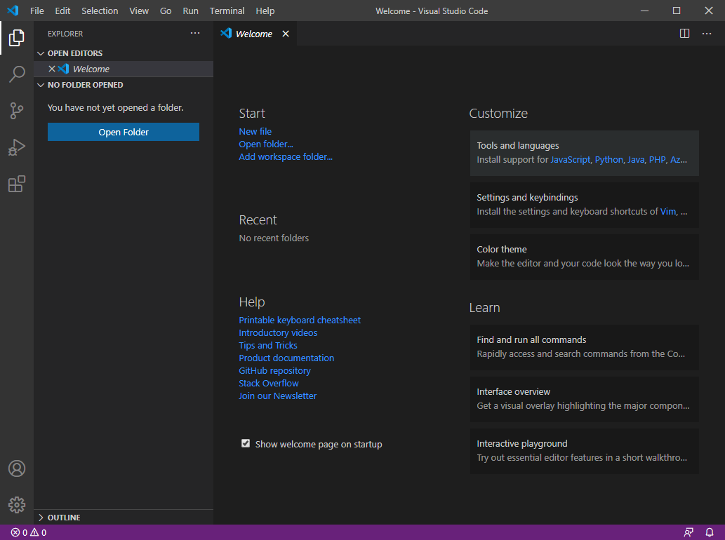 VS Code Welcome Screen