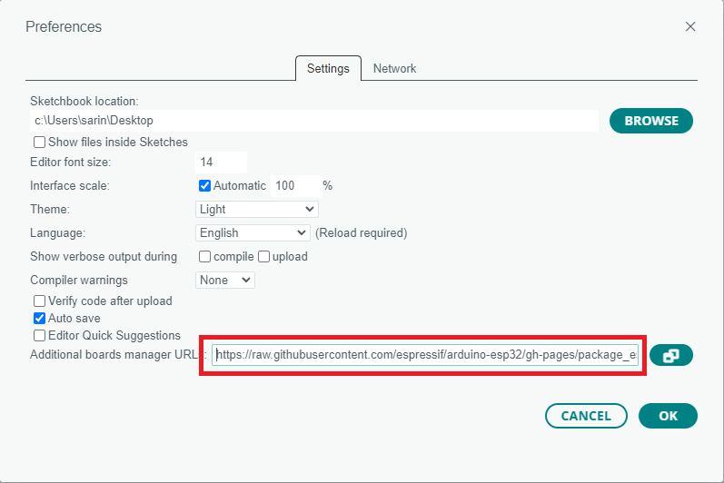 ช่อง Additional boards manager URLs ในหน้า Preferences