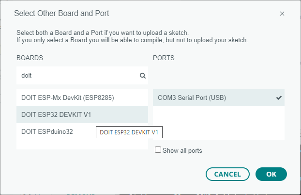 เลือกบอร์ด DOIT ESP32 DEVKIT V1 และพอร์ต COM