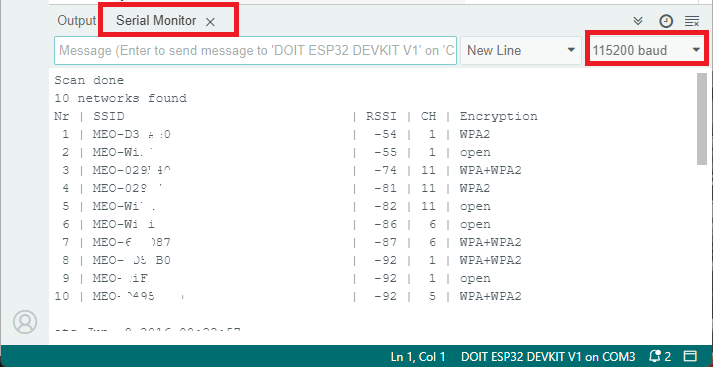 Serial Monitor (115200 baud) แสดงรายชื่อเครือข่าย Wi-Fi ที่สแกนได้