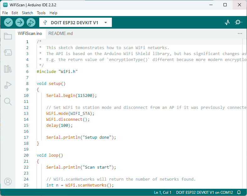 สเก็ตช์ตัวอย่าง WiFiScan ใน Arduino IDE 2