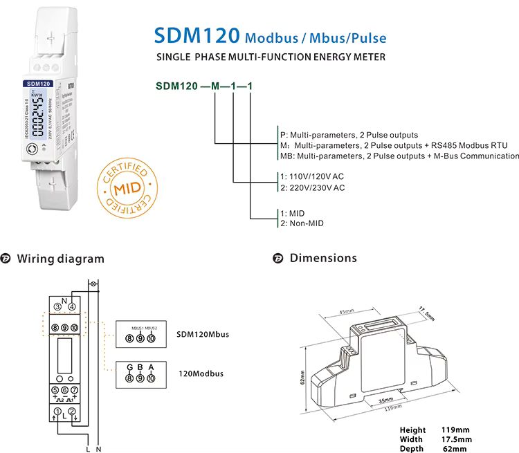 Eastron SDM120M MID Approved Single Phase Bi-directional Measurement Din Rail Energy Meter for Solar System