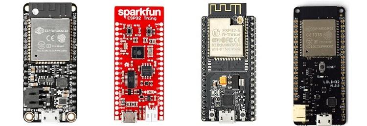 ตัวอย่างบอร์ดพัฒนา ESP32 หลายรุ่น